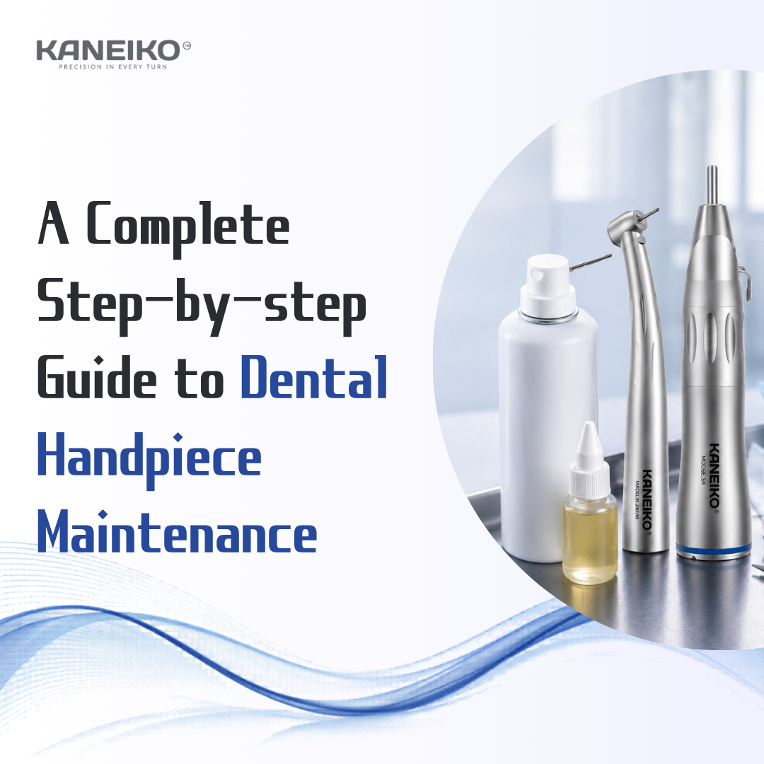 Kaneiko dental handpiece maintenance guide showing dental handpieces, lubricant and cleaning supplies used for routine handpiece care.