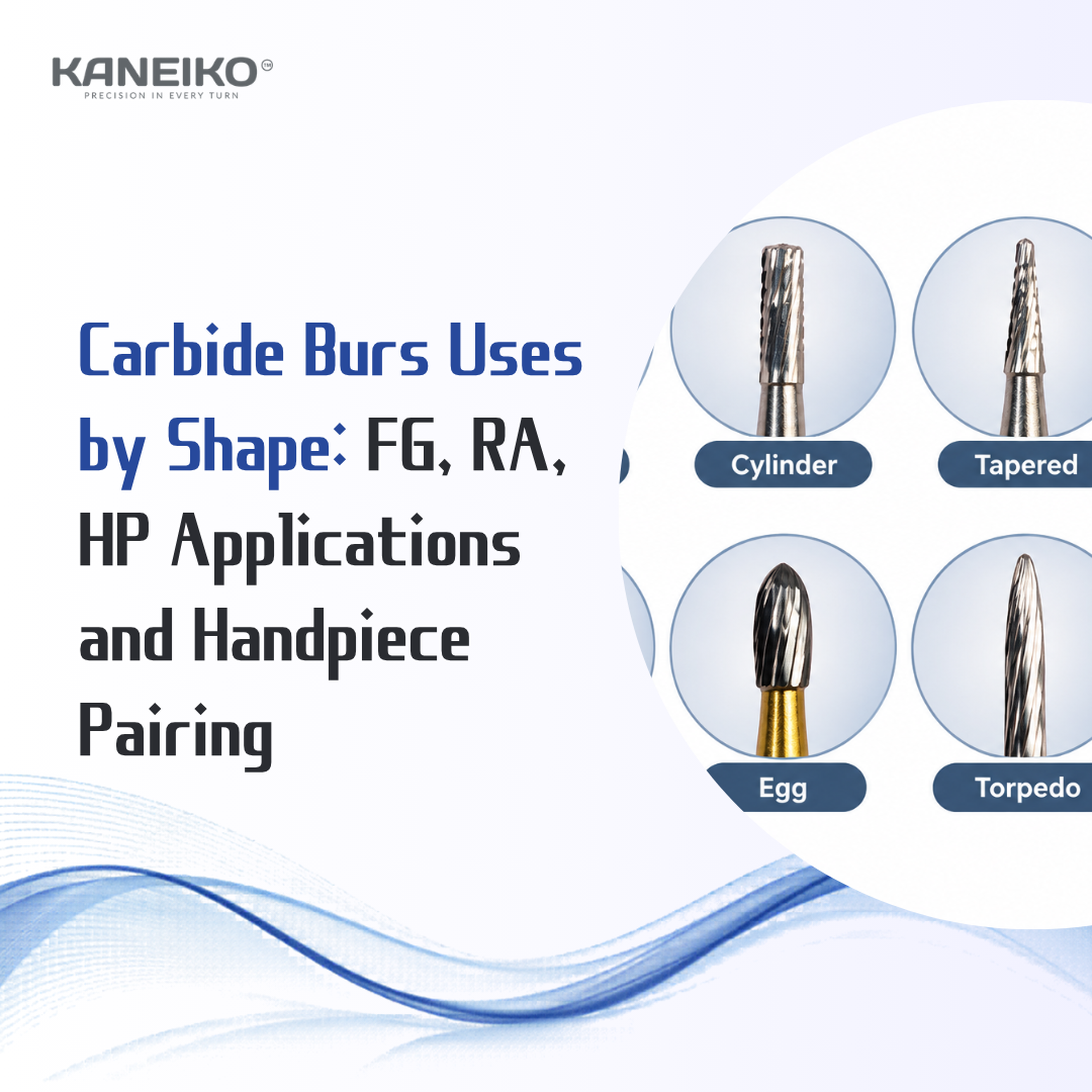 Kaneiko carbide burs uses by shape with FG, RA and HP bur applications and dental handpiece pairing.