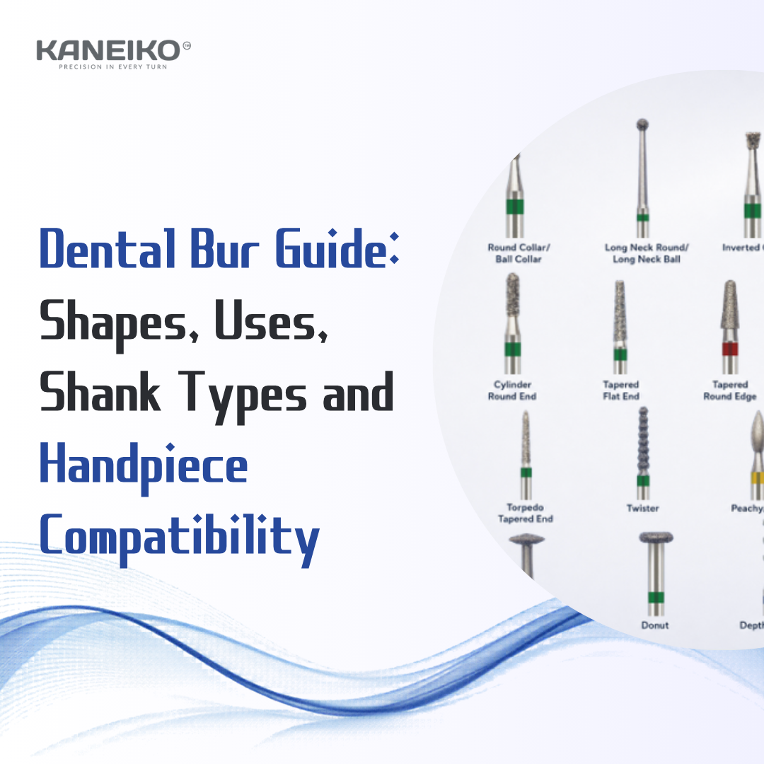Kaneiko dental bur guide cover showing common bur shapes, shank types and handpiece compatibility for restorative, finishing and clinical dental procedures.