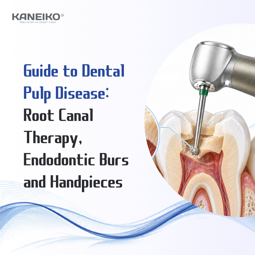 Kaneiko dental handpiece with an endodontic bur used for root canal access during root canal treatment for dental pulp disease.