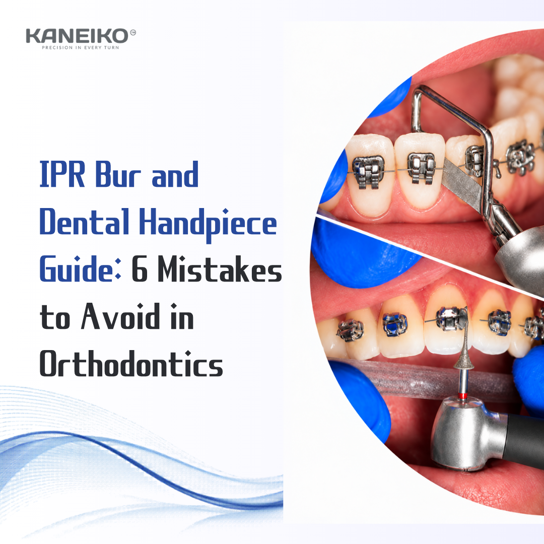 Kaneiko IPR bur and dental handpiece guide showing rotary IPR and stripping techniques with orthodontic braces for controlled interproximal enamel reduction.