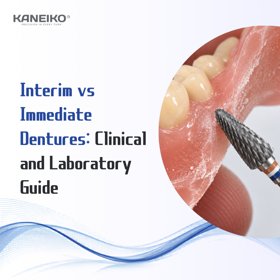 Kaneiko interim vs immediate dentures clinical and laboratory guide cover showing acrylic denture trimming with carbide bur for dental laboratory workflow and prosthetic adjustment.