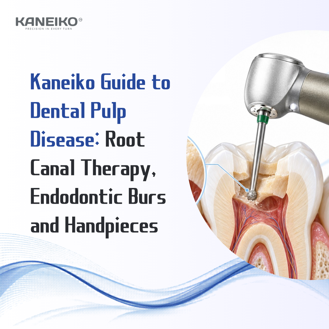 Kaneiko blog cover about dental pulp disease, root canal therapy, endodontic burs and dental handpieces with Model 100 access illustration.