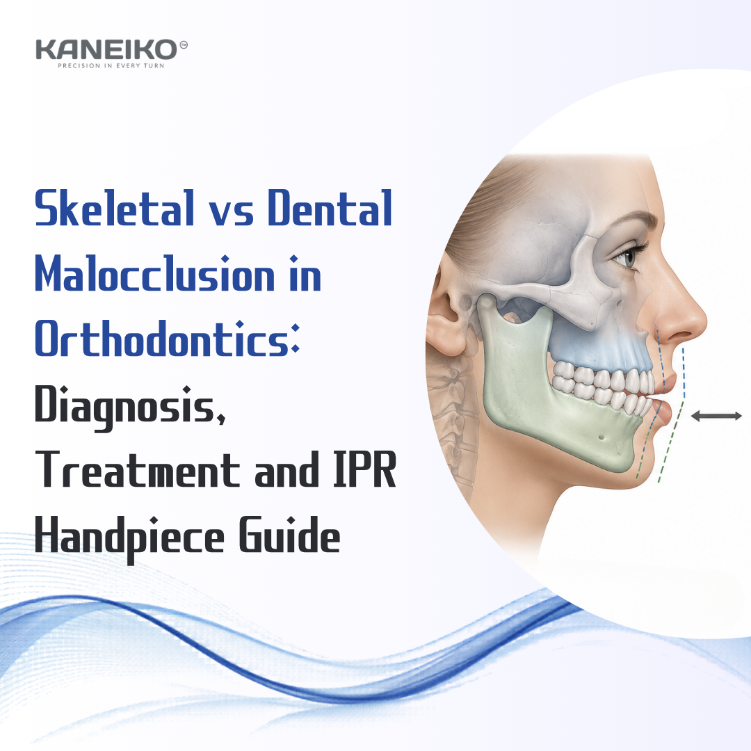 Kaneiko skeletal vs dental malocclusion orthodontics guide showing jaw discrepancy, diagnosis, treatment and IPR handpiece planning.