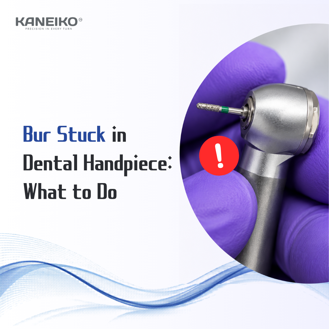 Kaneiko blog cover featuring a stuck bur in a dental handpiece, illustrating troubleshooting steps and guidance on what to do safely.