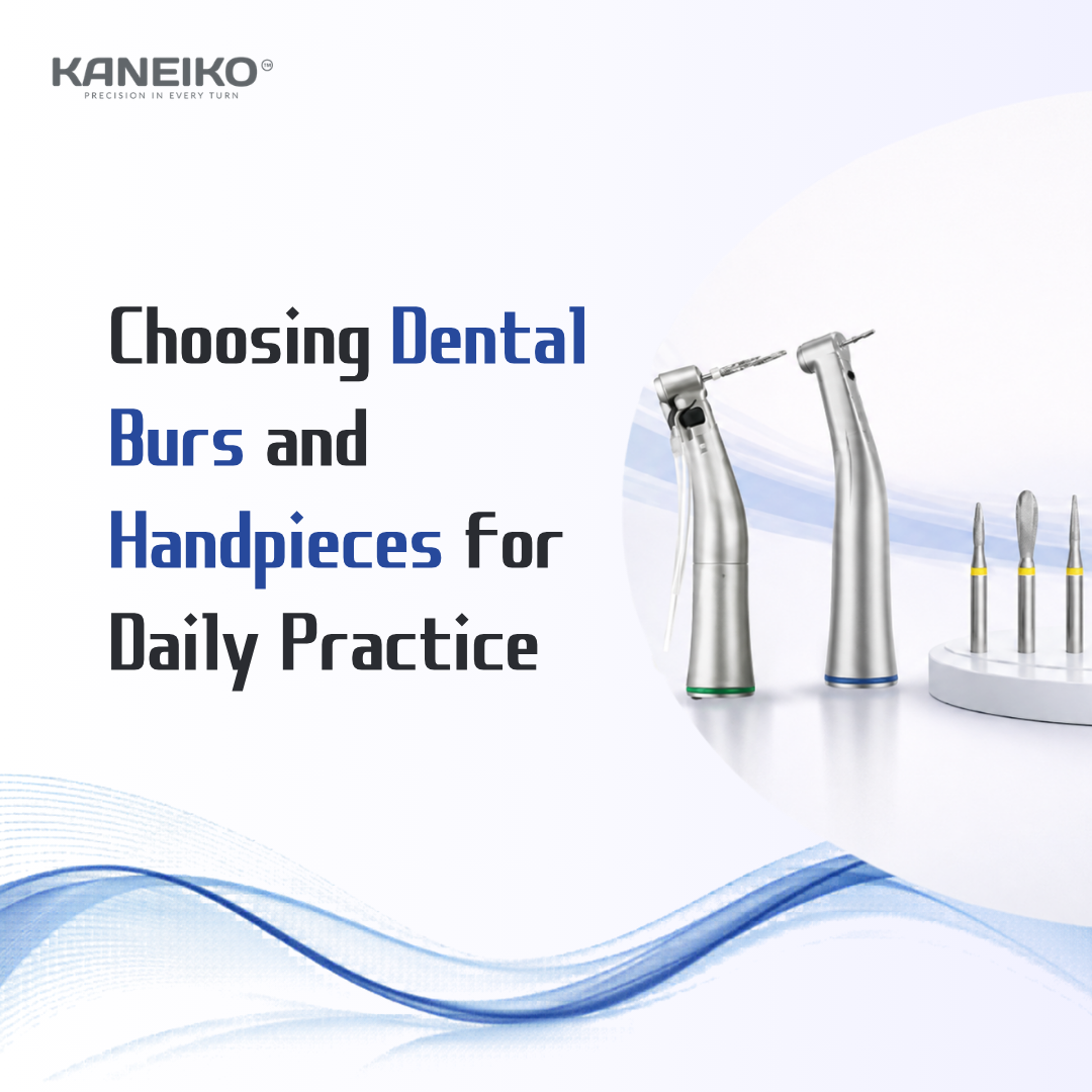 Kaneiko dental burs and handpieces for daily dental practice, showing contra angle handpieces paired with different burs for common dental procedures.
