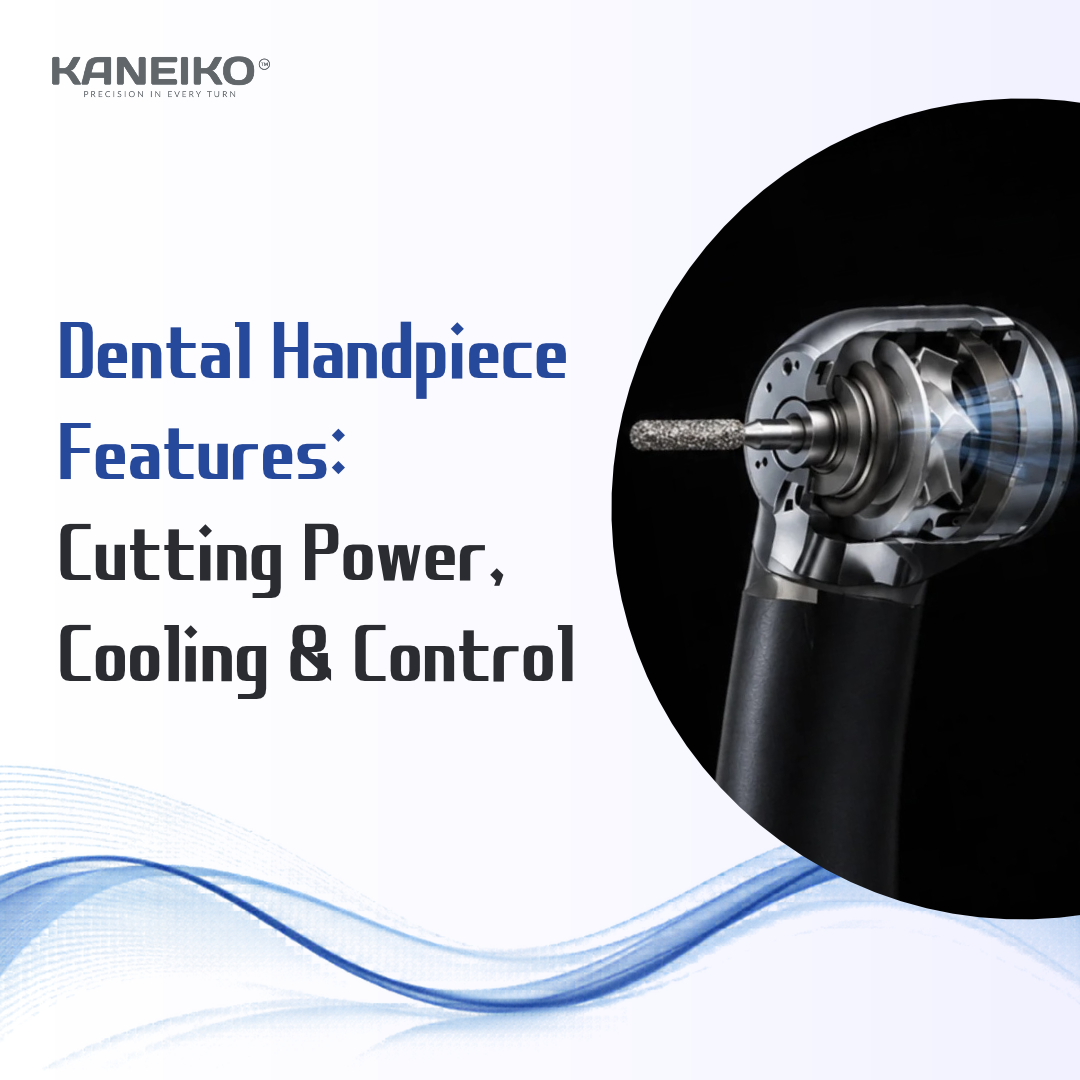 Kaneiko dental handpiece showing internal turbine components and cutting bur, highlighting cutting power, water mist cooling, and clinical control.