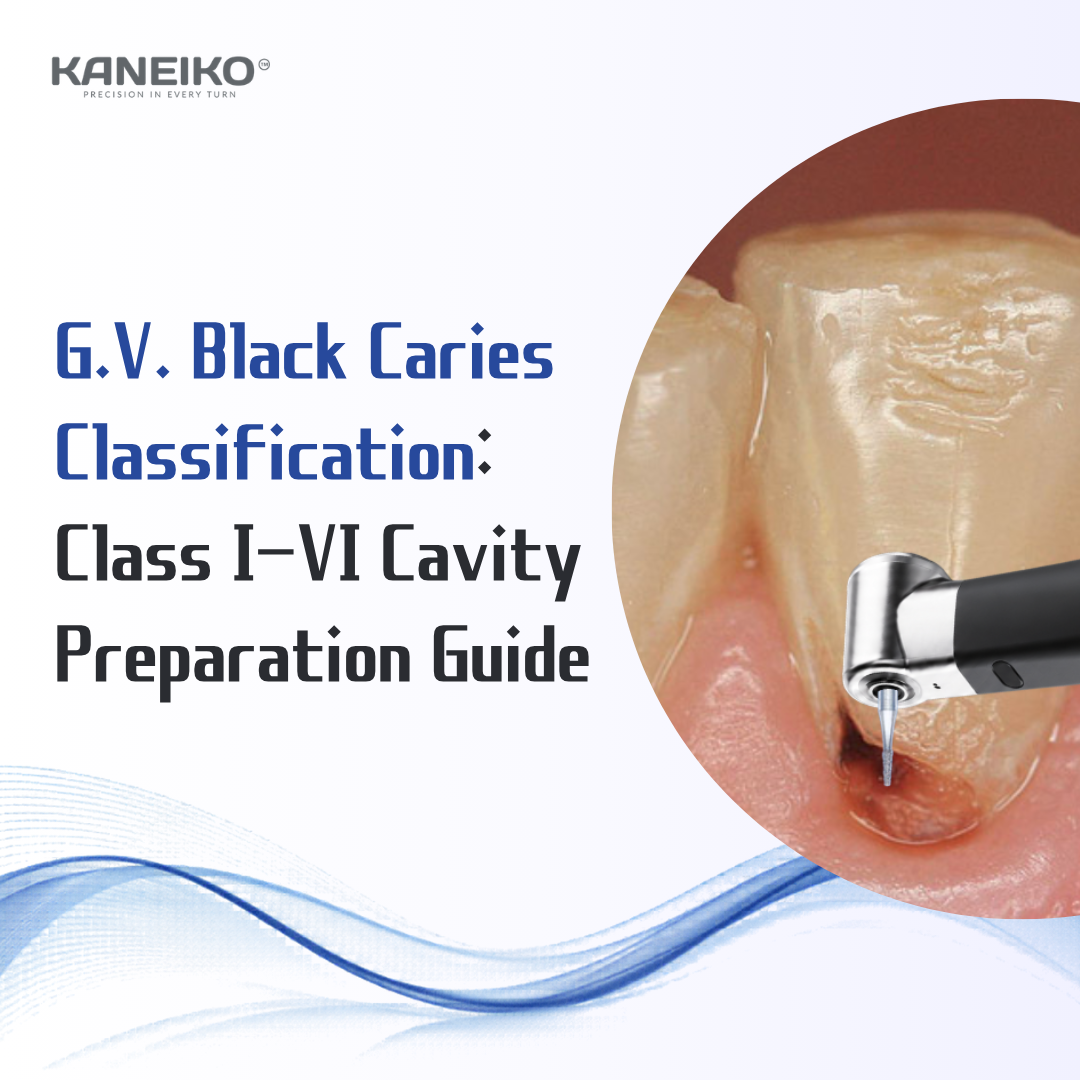G.V. Black caries classification Class I–VI cavity preparation guide featuring Kaneiko dental handpiece use for restorative cavity preparation