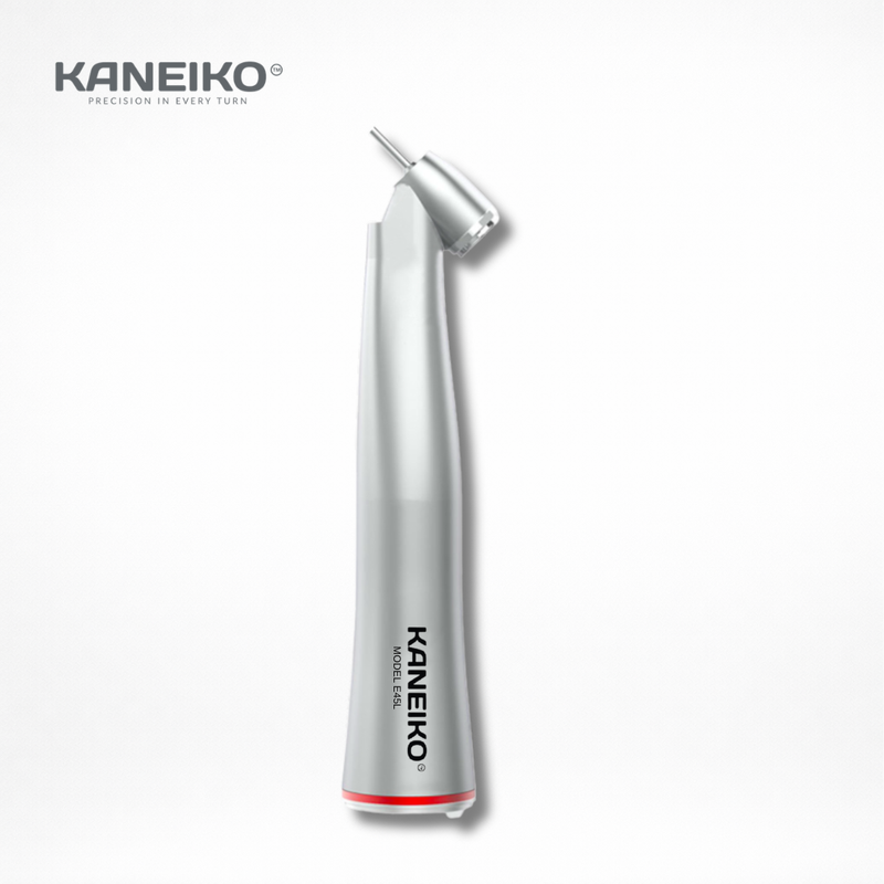 Kaneiko 1:4.2 electric 45-degree surgical contra-angle handpiece with internal air and mist spray for FG long-shank surgical burs and deep posterior access.
