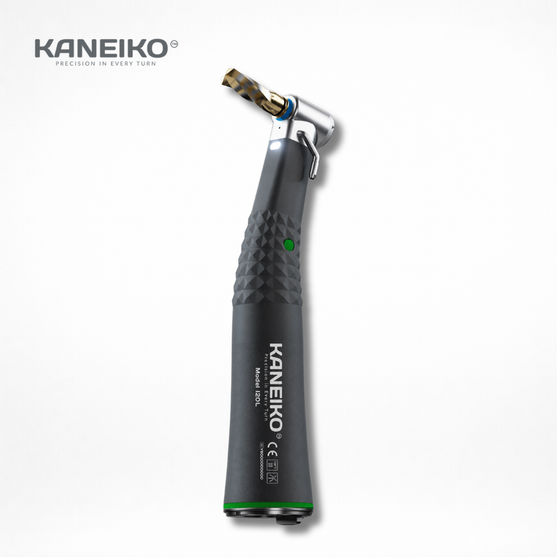 Kaneiko I20L 20:1 electric implant surgical speed-reducing contra-angle handpiece for osteotomy, bone drilling, implant placement and thread tapping.