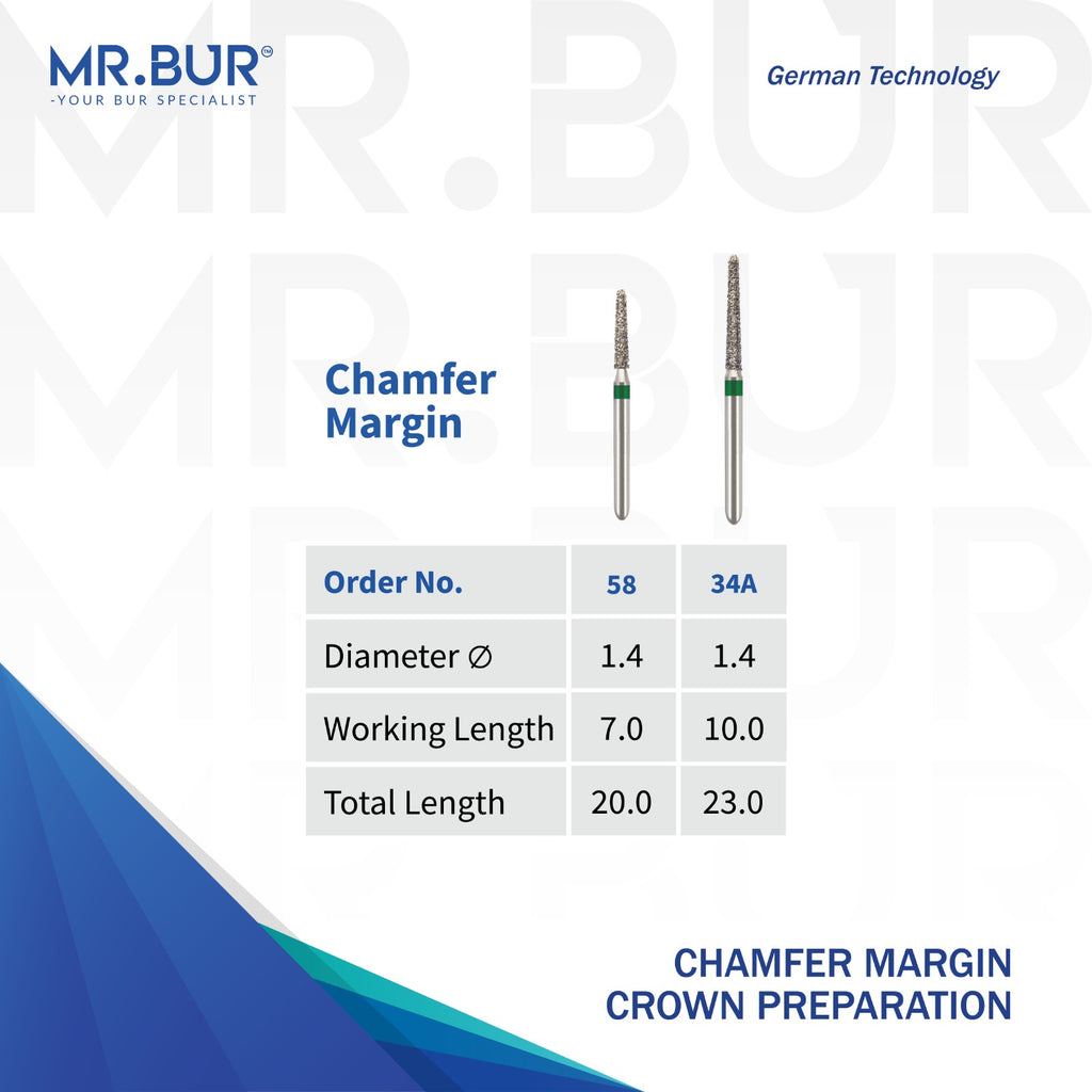 MR.BUR chamfer margin dental bur product with specifications on a white background