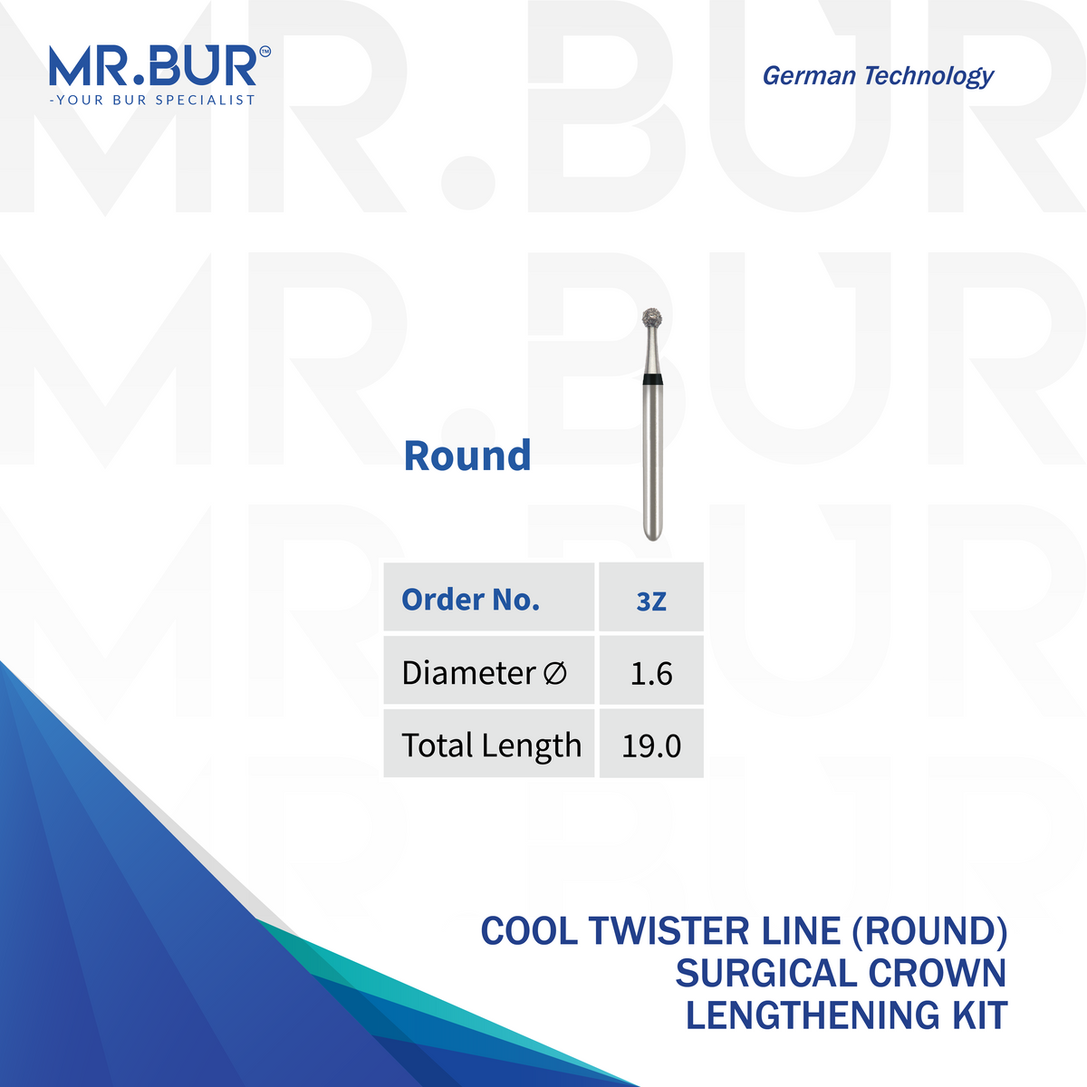 MR.BUR Cool Twister Line round diamond bur 3Z, 1.6 mm diameter, for surgical crown lengthening procedures.