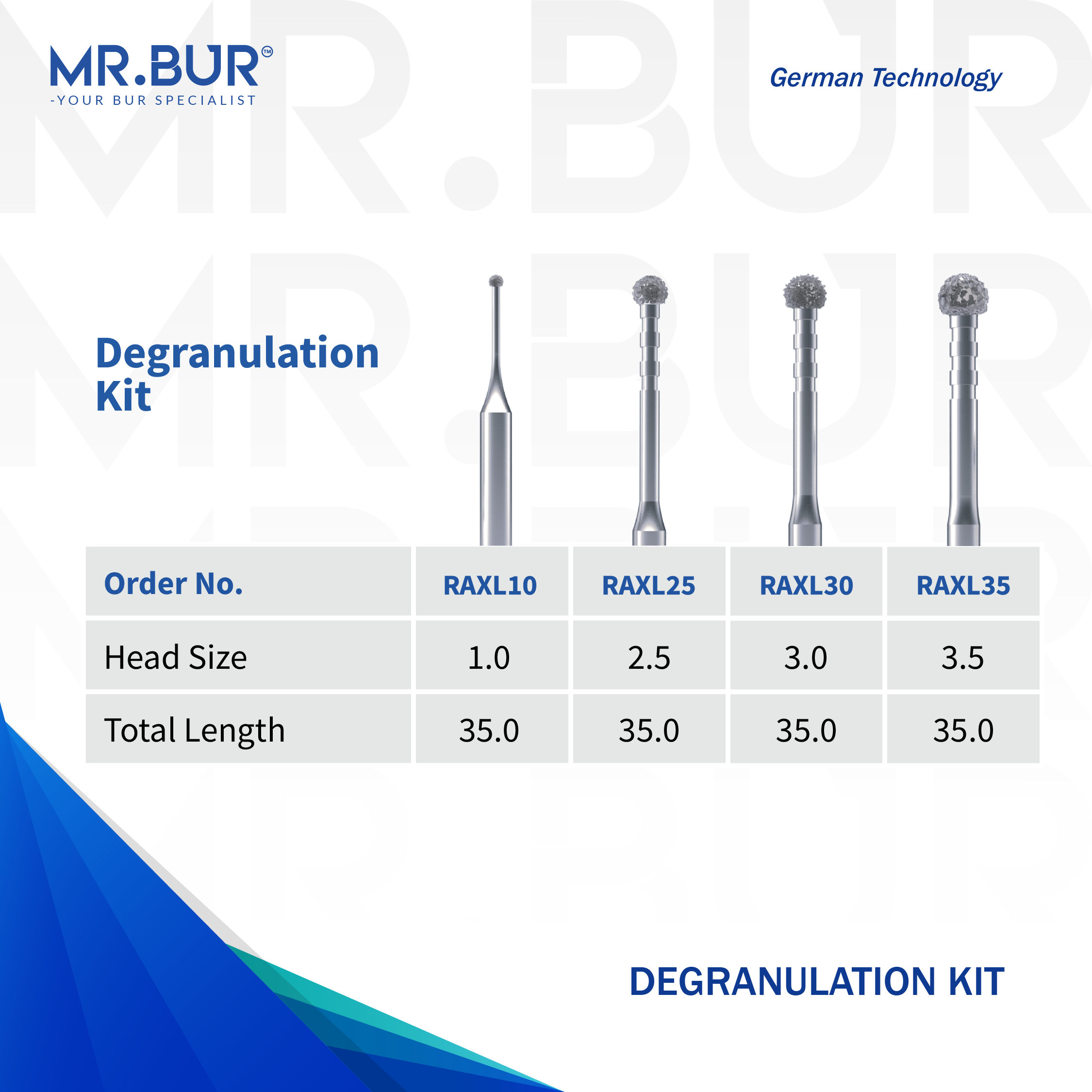 MR.BUR degranulation kit with dental burrs and specifications on a white background