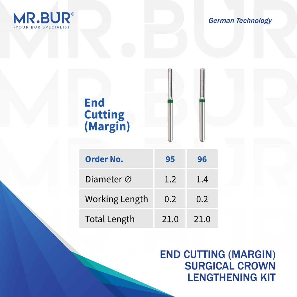 MR.BUR End Cutting Margin Burs 95 and 96, designed for refining restoration margins during crown preparation.