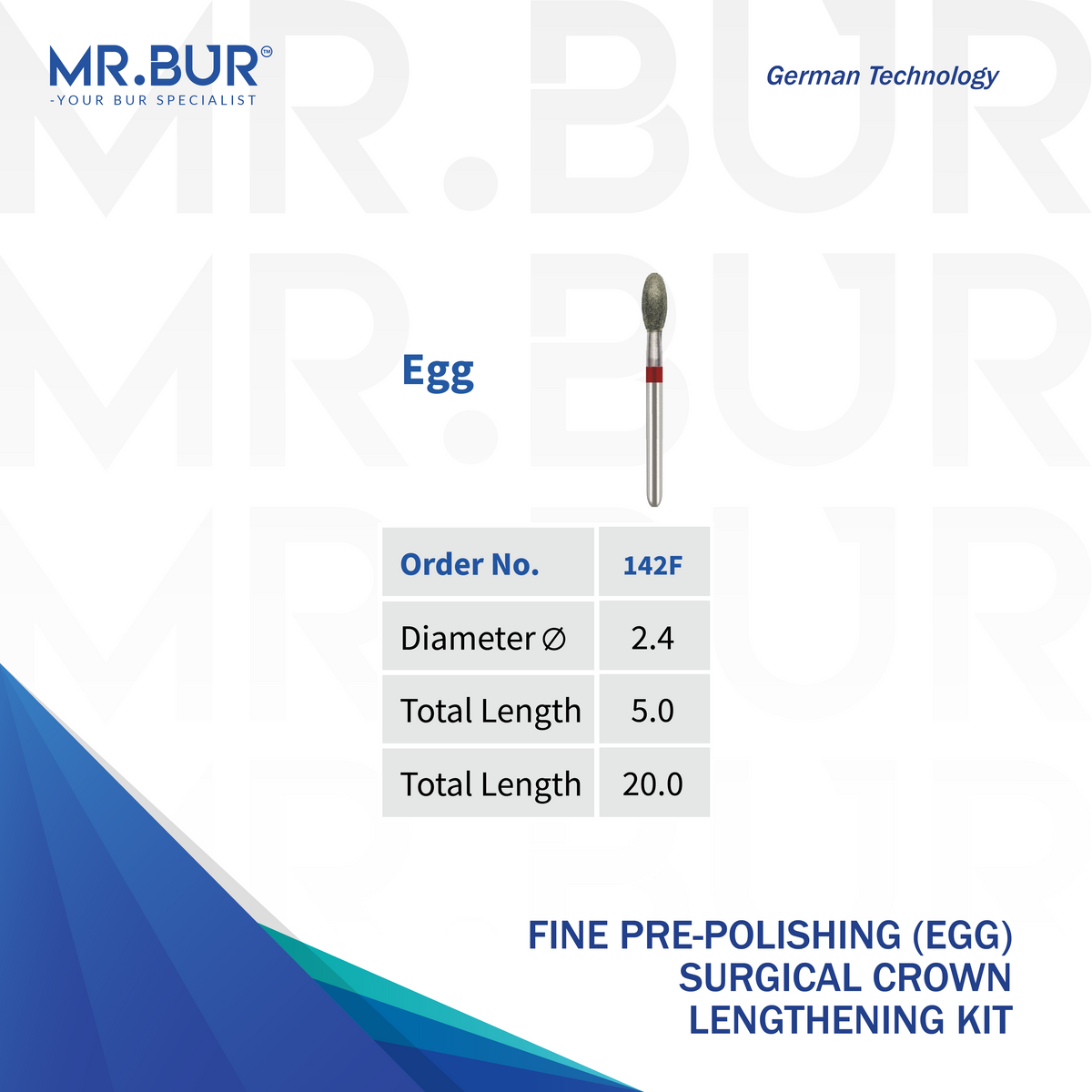 MR.BUR Fine Pre-Polishing Egg Bur 142F, 2.4 mm diameter, for smoothing and finishing tooth surfaces during crown preparation.