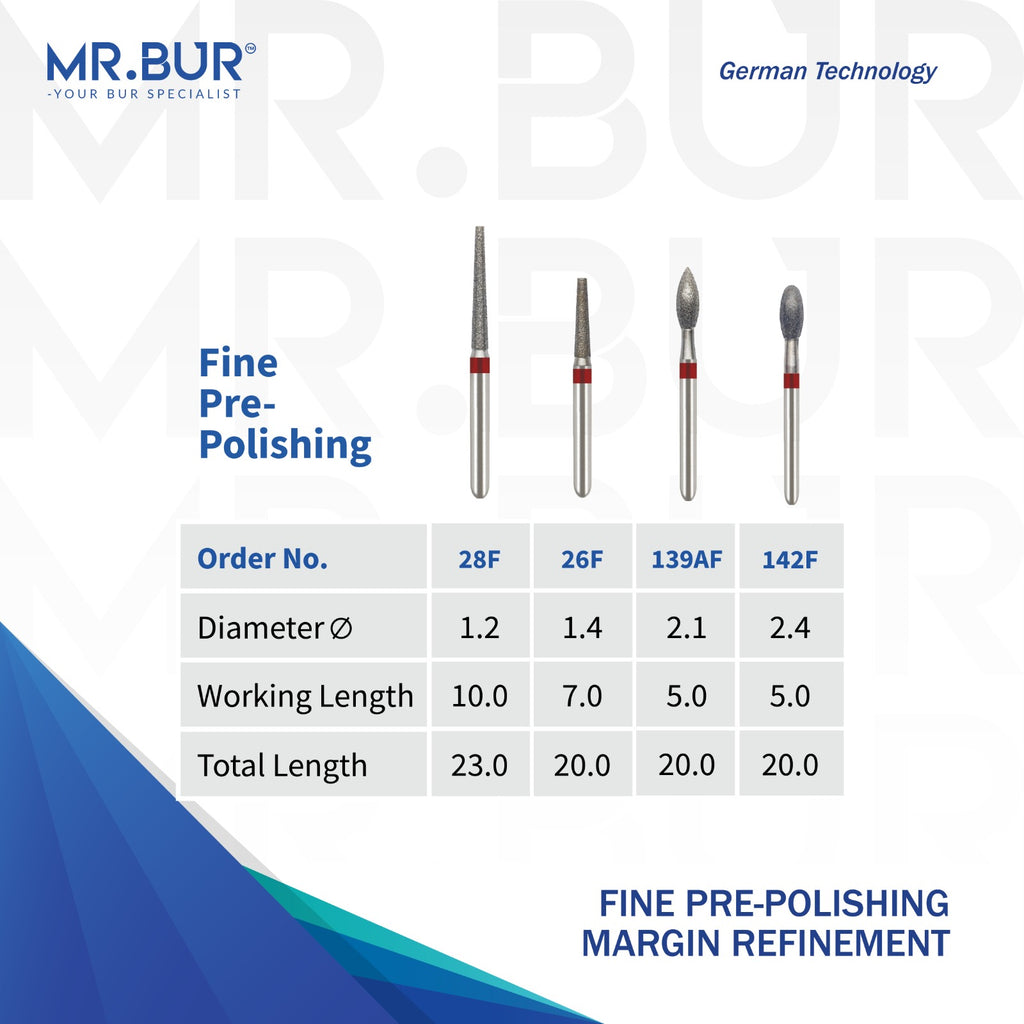 MR.BUR dental bur products with specifications on a white background