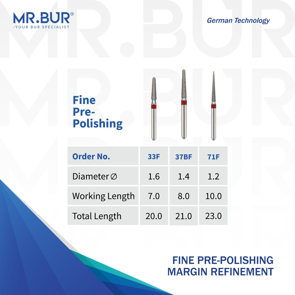 MR.BUR dental bur products with specifications on a white background