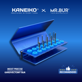 Kaneiko and Mr. Bur dental bur set on a blue background with brand names displayed.
