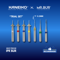 The image showing four variants of Interproximal Reduction dental bur (IPR) for aligner and invisalign that is sold by Mr. Bur worldwide, with head size of 0.2mm, 0.3mm, 0.4mm and 0.5mm.