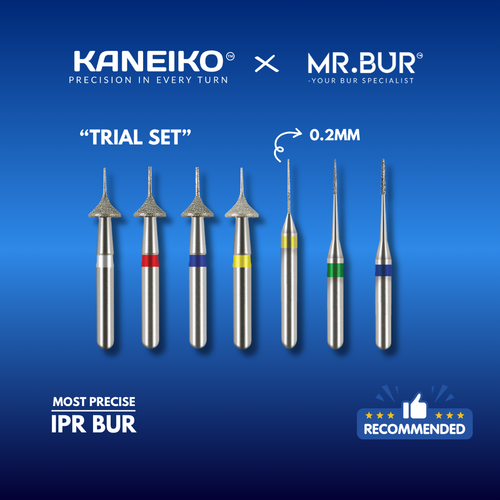 The image showing four variants of Interproximal Reduction dental bur (IPR) for aligner and invisalign that is sold by Mr. Bur worldwide, with head size of 0.2mm, 0.3mm, 0.4mm and 0.5mm.