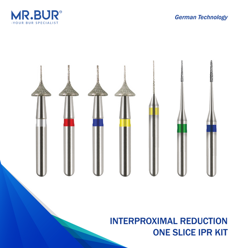 The image showing four variants of Interproximal Reduction dental bur (IPR) for aligner and invisalign that is sold by Mr. Bur worldwide, with head size of 0.3mm, 0.4mm and 0.5mm.