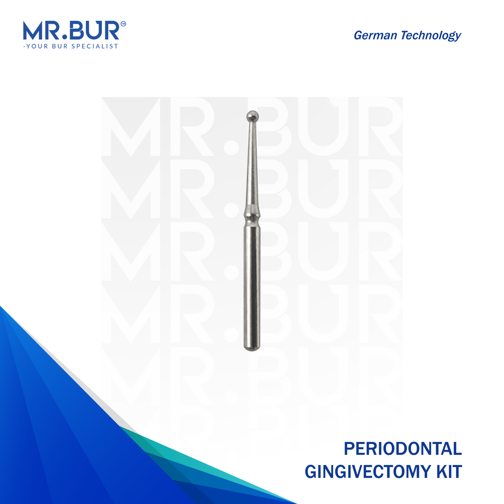 Mr. Bur Periodontal Gingivectomy Bur Kit, with 10 stainless steel burs, is ideal for fine-tuning soft tissue, subgingival caries treatment, and using heat to cauterize gums and control bleeding during gingivectomy.