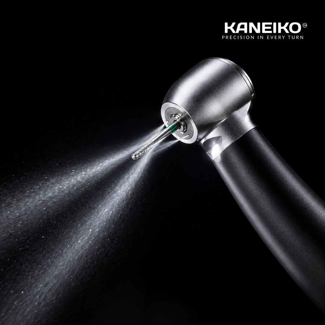 Kaneiko dental handpiece showing 4-hole water spray cooling system for stable temperature control during high-speed clinical procedures