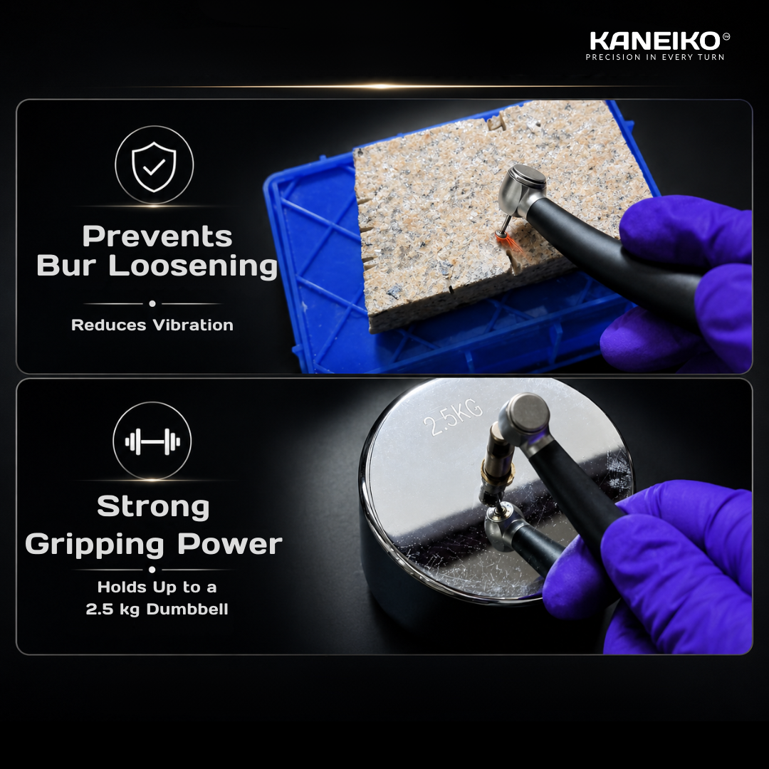 Kaneiko dental handpiece Auto-Lock Precision Chuck System demonstrating strong bur retention and 2.5kg gripping power test