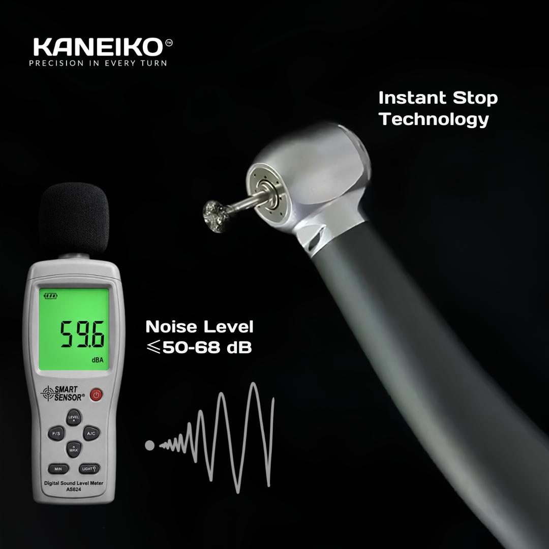 Kaneiko dental handpiece Instant Stop Technology with noise level display showing controlled operation and low-noise clinical performance