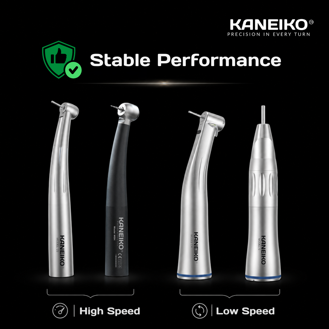 Kaneiko dental handpiece range showing stable high-speed and low-speed performance for restorative and surgical clinical workflows