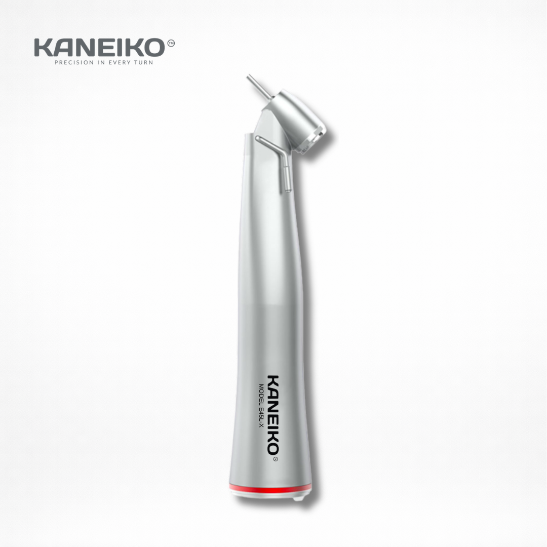 Kaneiko 1:4.2 electric 45-degree surgical contra-angle handpiece with external air and mist spray for impacted third molar sectioning and deep bone access.
