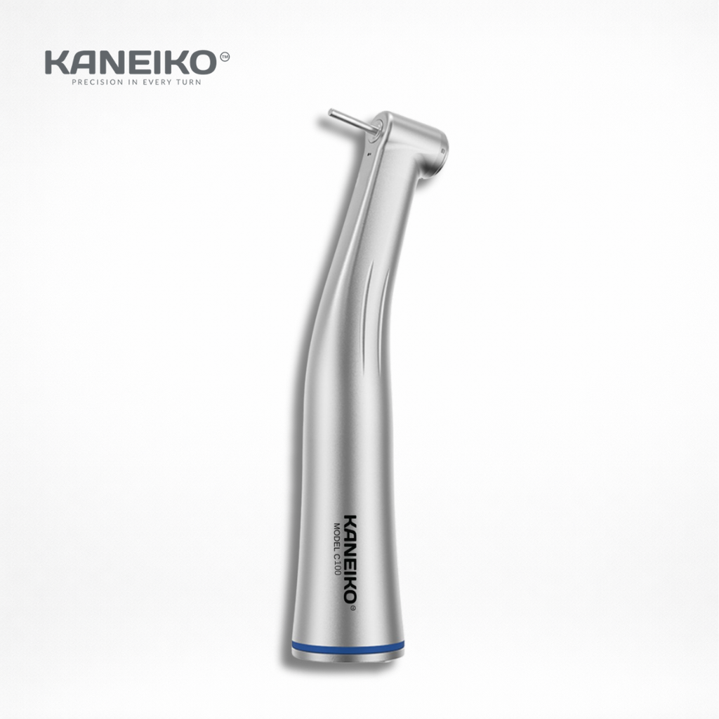 Kaneiko Model C100 1:1 contra-angle handpiece with internal water spray and non-light design for controlled low-speed dental procedures.