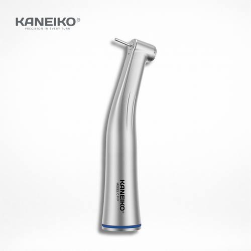 Kaneiko Model C100 1:1 contra-angle handpiece with internal water spray and non-light design for controlled low-speed dental procedures.