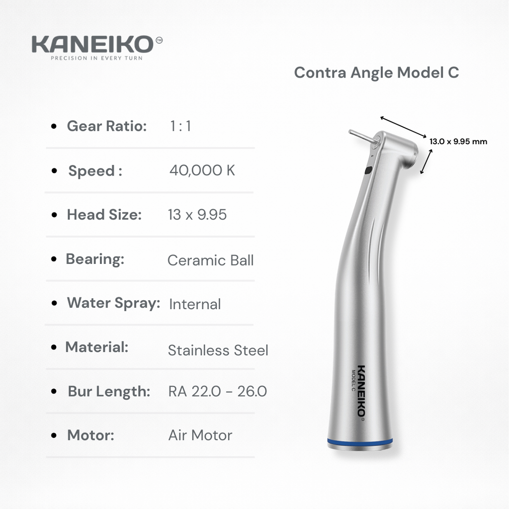 Kaneiko Contra Angle Model C handpiece with specifications on a white background