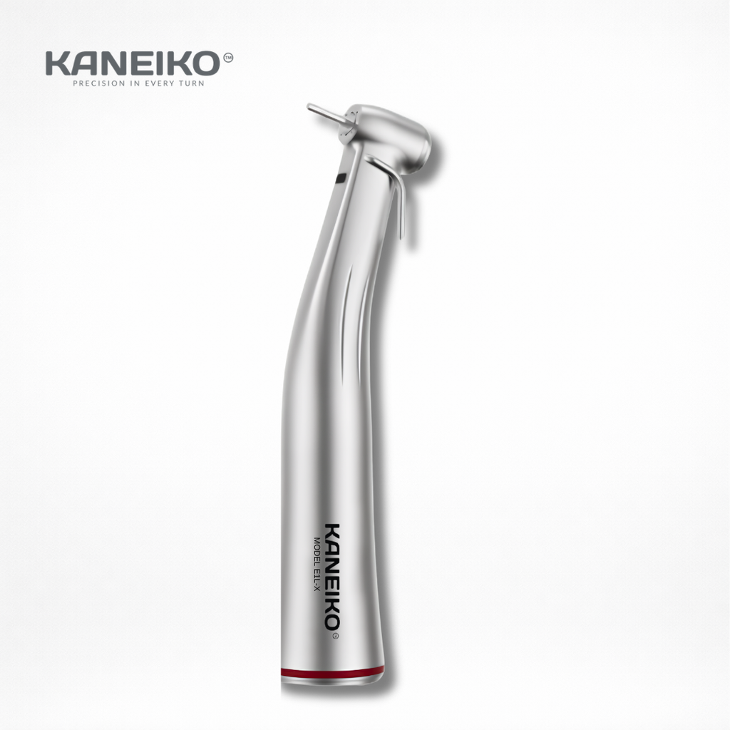 Kaneiko EB1L 1:5 electric speed-increasing friction-grip contra-angle handpiece with external water spray for crown preparation, cavity preparation and restoration removal.