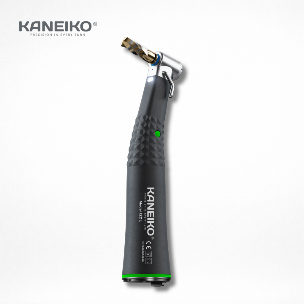 Kaneiko I20L 20:1 electric implant surgical speed-reducing contra-angle handpiece for osteotomy, bone drilling, implant placement and thread tapping.