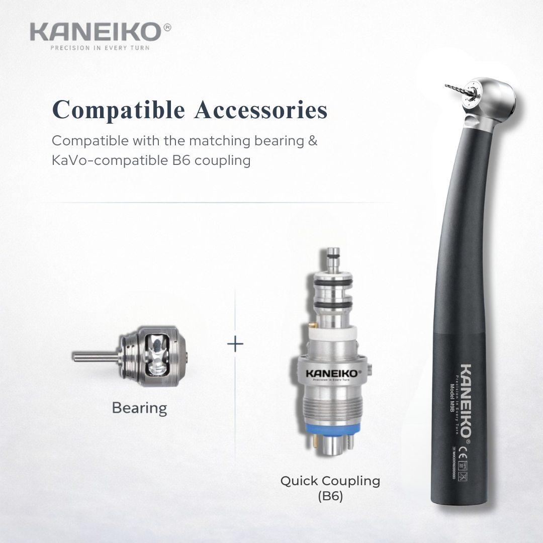 Kaneiko M9B Master Torque high-speed dental handpiece with compatible turbine bearing and Bien-Air compatible B6 quick coupling.