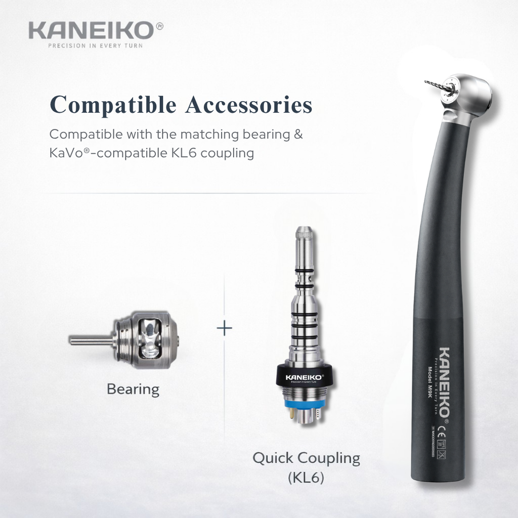 Kaneiko M9K Master Torque high-speed dental handpiece with compatible turbine bearing and KaVo-compatible KL6 quick coupling.