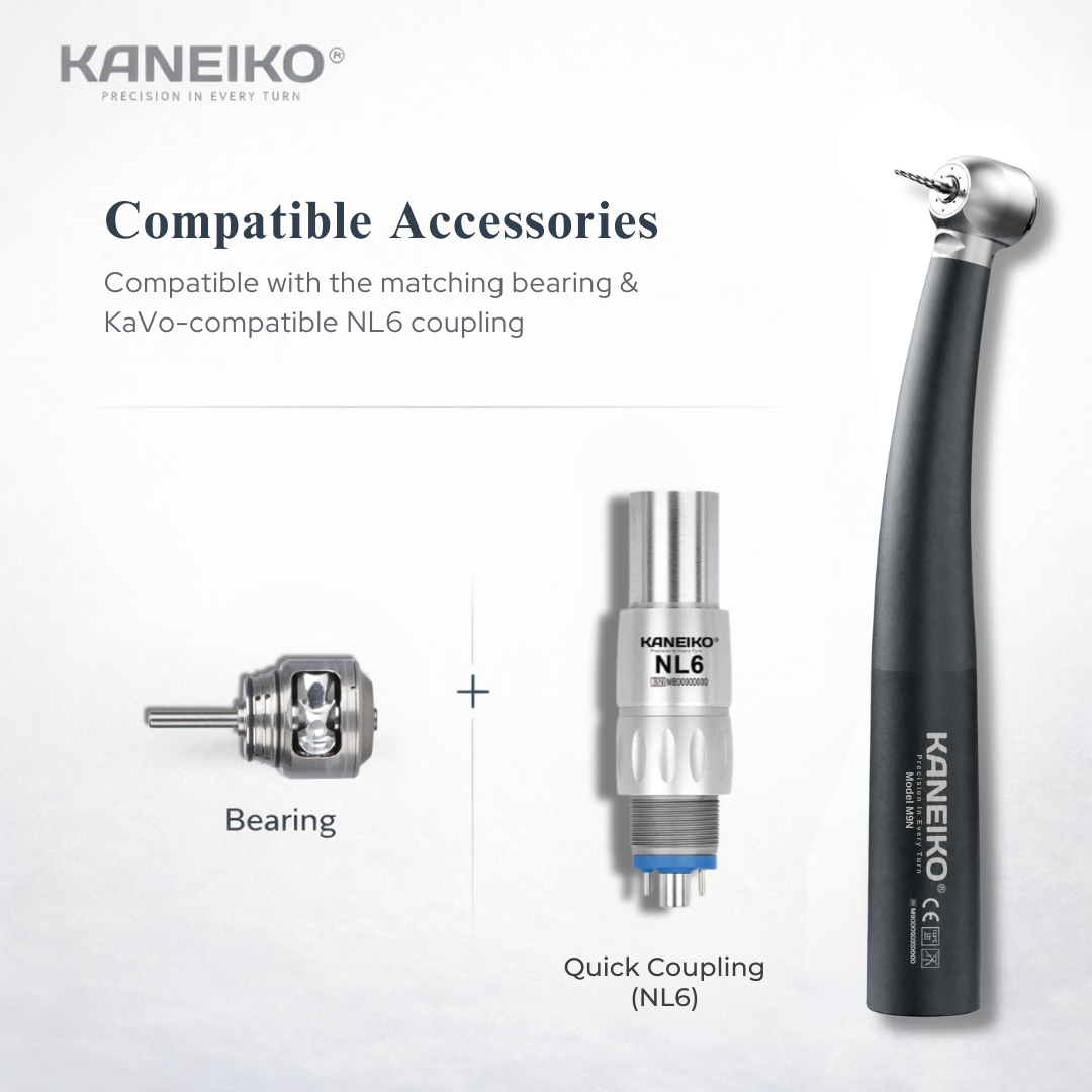 Kaneiko M9N Master Torque high-speed dental handpiece with compatible turbine bearing and NSK-compatible NL6 quick coupling.