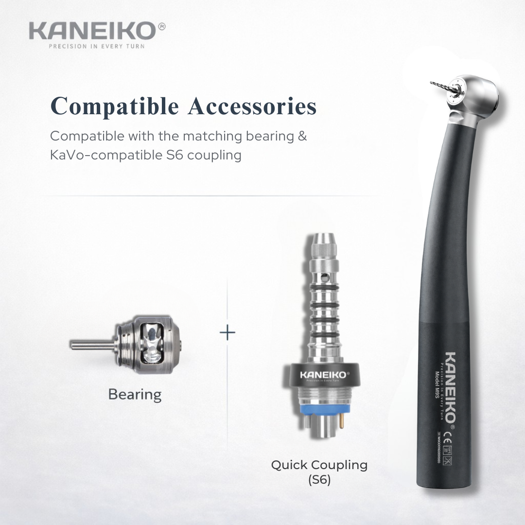Kaneiko M9S Master Torque high-speed dental handpiece with compatible turbine bearing and Sirona-compatible S6 quick coupling.