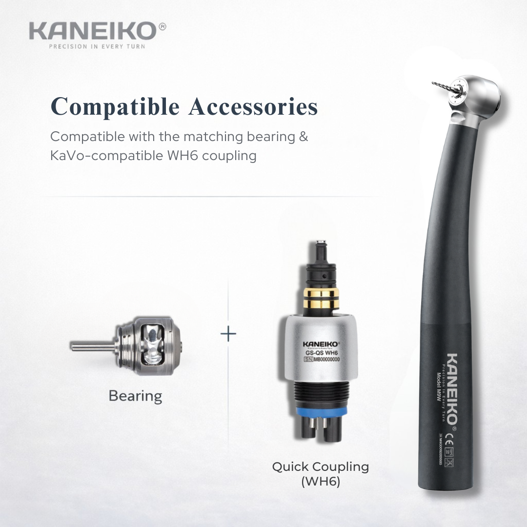 Kaneiko M9W Master Torque high-speed dental handpiece with compatible turbine bearing and W&H-compatible WH6 quick coupling.