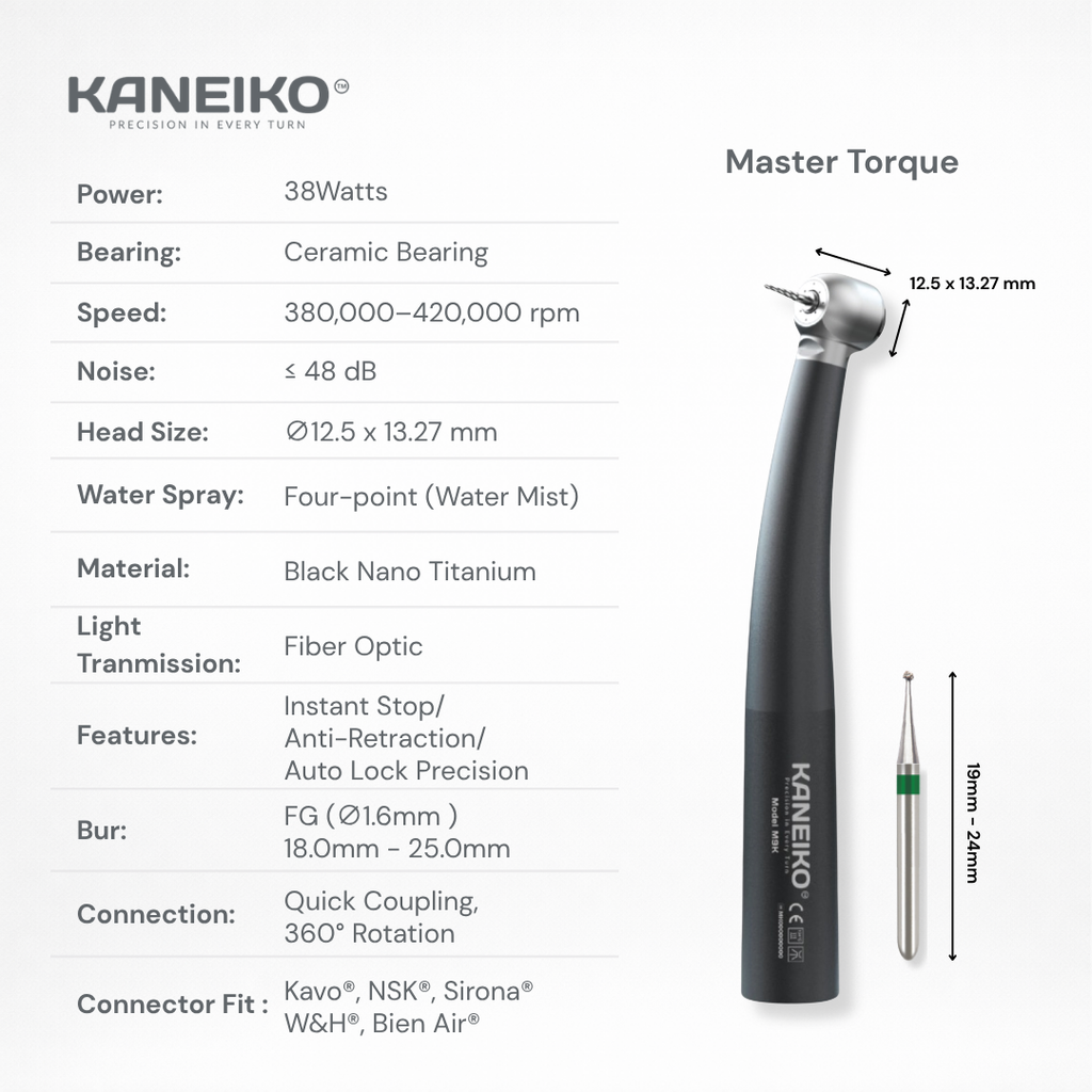 Kaneiko Master Torque high-speed dental handpiece with 38-watt power, fibre optics, four-point water spray and FG bur compatibility.