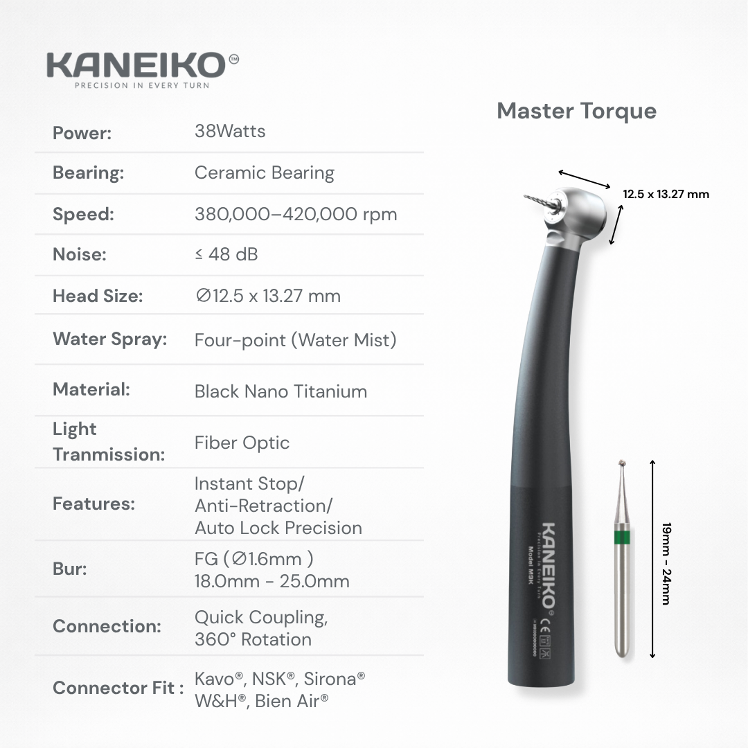 Kaneiko Master Torque high-speed dental handpiece with 38-watt power, fibre optics, four-point water spray and FG bur compatibility.