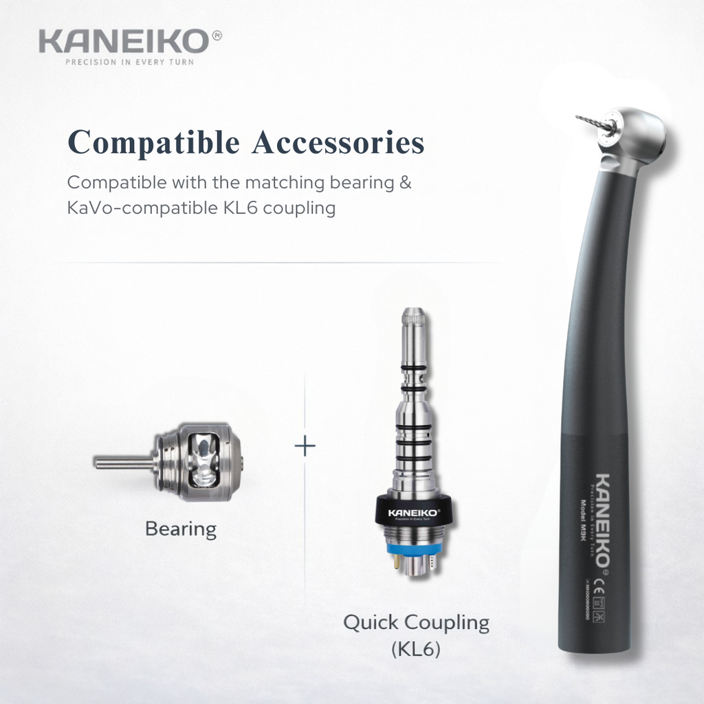 Kaneiko M9K Master Torque high-speed dental handpiece with compatible turbine bearing and KaVo-compatible KL6 quick coupling.
