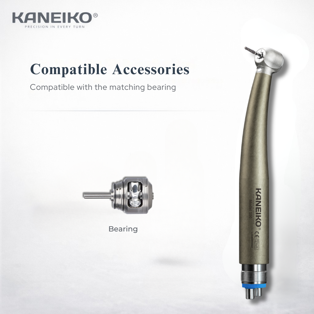 Kaneiko Model 100 Integrated high speed dental handpiece displayed with its compatible replacement turbine bearing cartridge.