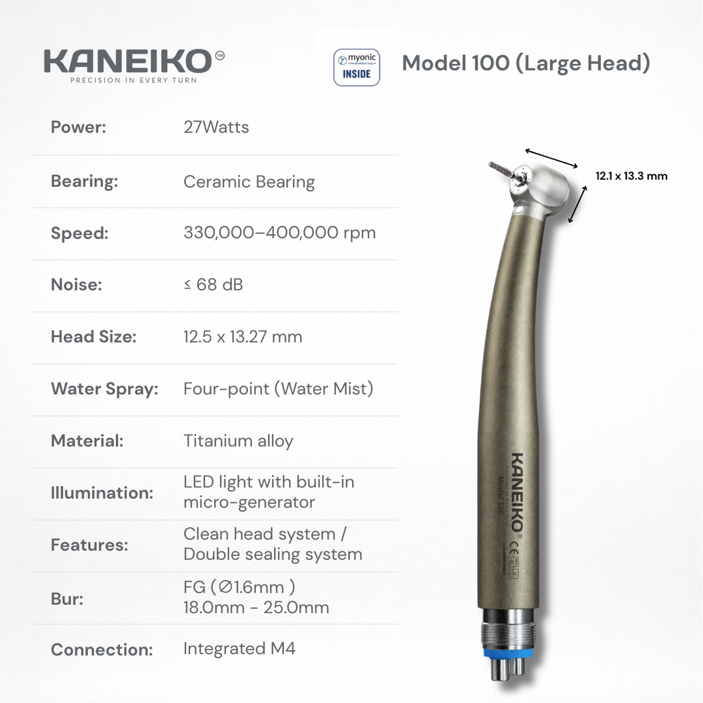 Kaneiko Model 100 large-head LED high-speed dental handpiece with titanium alloy body, four-point water mist and integrated M4 connection.