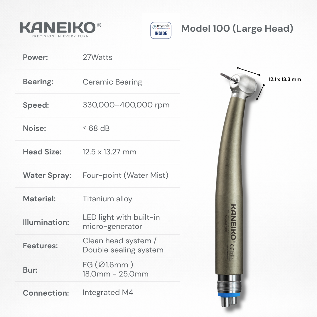 Kaneiko Model 100 large-head LED high-speed dental handpiece with titanium alloy body, four-point water mist and integrated M4 connection.