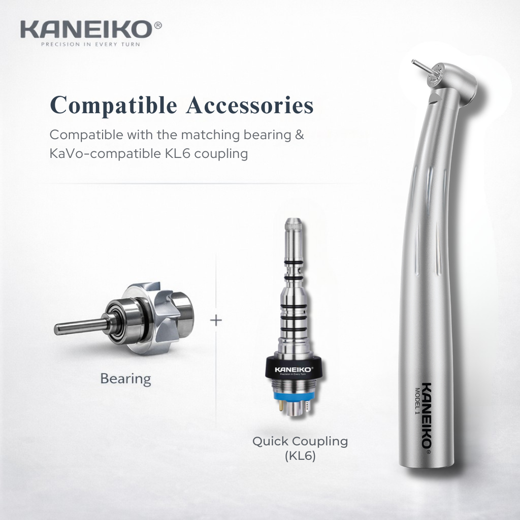 Kaneiko Model 1 high-speed dental handpiece with compatible turbine bearing and KaVo-compatible KL6 fiber-optic quick coupling.