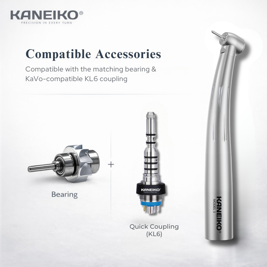 Kaneiko Model 1 high-speed dental handpiece with compatible turbine bearing and KaVo-compatible KL6 fiber-optic quick coupling.