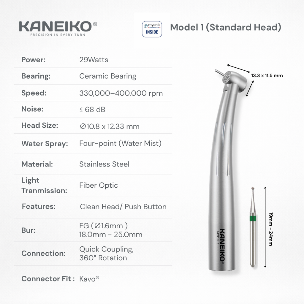 Kaneiko Model 1 standard-head high-speed dental handpiece with fibre-optic illumination, ceramic bearing, four-point water spray and FG bur compatibility.